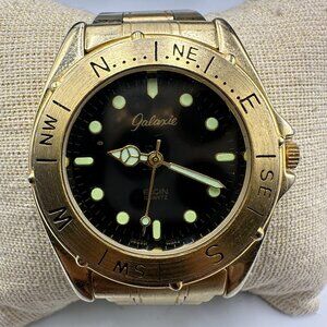 Galaxie by Elgin Watch Men Gold Tone Black Dial New Battery 7 Inch